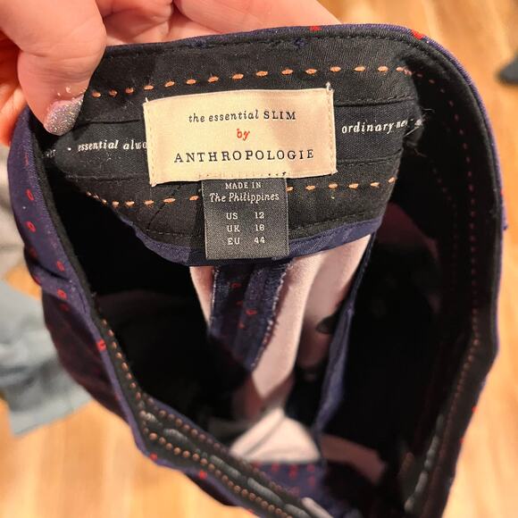 Women Anthropologie The Essential Slim Trousers Pants Size 12 Navy w/ Red Dots - Picture 4 of 9